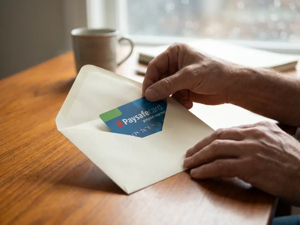 Hände legen PaysafeCard-Gutschein mit grün-blauem Branding in eleganten Briefumschlag auf Holzschreibtisch
