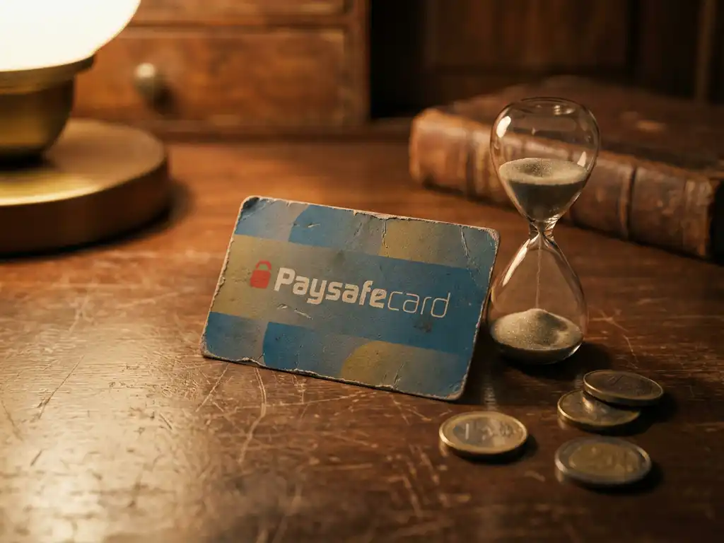 Abgenutzte PaysafeCard auf dunklem Holztisch neben Sanduhr und Euro-Münzen bei warmem Lampenlicht