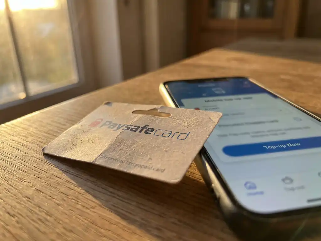 Vergessene PaysafeCard auf Holzschreibtisch neben Smartphone mit Guthaben-Auflade-Interface, warmes Morgenlicht