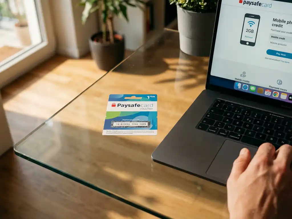 PaysafeCard-Gutschein auf Glasschreibtisch neben Laptop mit Mobilguthaben-Kaufbildschirm, natürliches Licht
