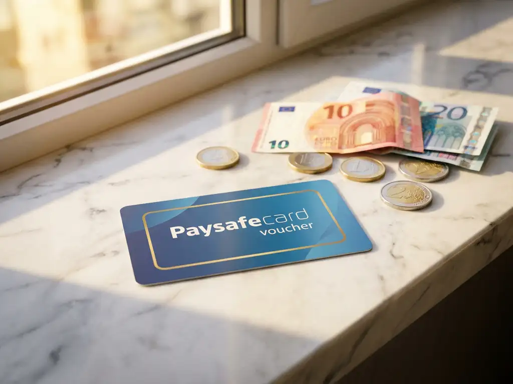PaysafeCard-Gutschein auf weißer Marmoroberfläche neben Euro-Münzen und Geldscheinen bei natürlichem Licht