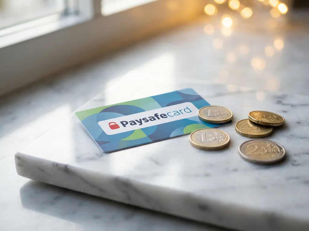 PaysafeCard-Gutschein mit grün-blauem Design liegt auf Marmorfläche neben Euro-Münzen bei natürlichem Licht