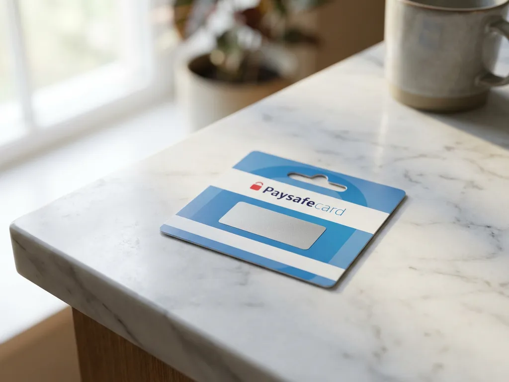 PaysafeCard Prepaid-Gutschein mit blau-weißem Design und intaktem Rubbelfeld auf weißer Marmoroberfläche