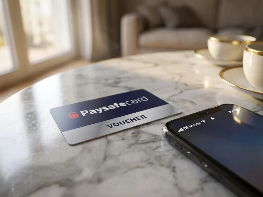 PaysafeCard-Gutschein auf Marmortisch neben Smartphone mit deutscher Mobilfunk-Oberfläche in warmem Tageslicht