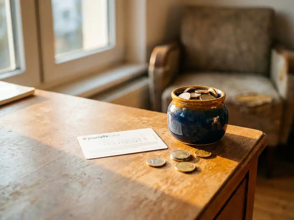 PaysafeCard-Gutschein neben Keramik-Spendendose mit Münzen auf Holzschreibtisch bei warmem Fensterlicht