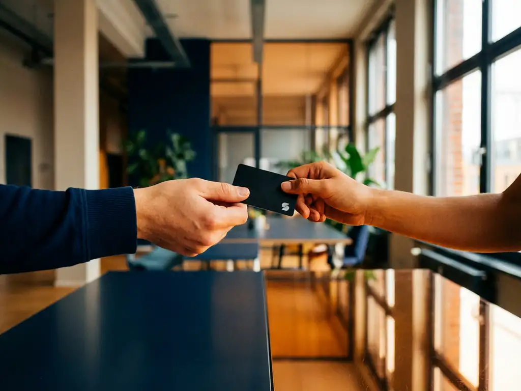 Zwei Hände tauschen schwarzen PaysafeCard-Gutschein in modernem deutschen Büro aus, warmes Tageslicht durch Fenster