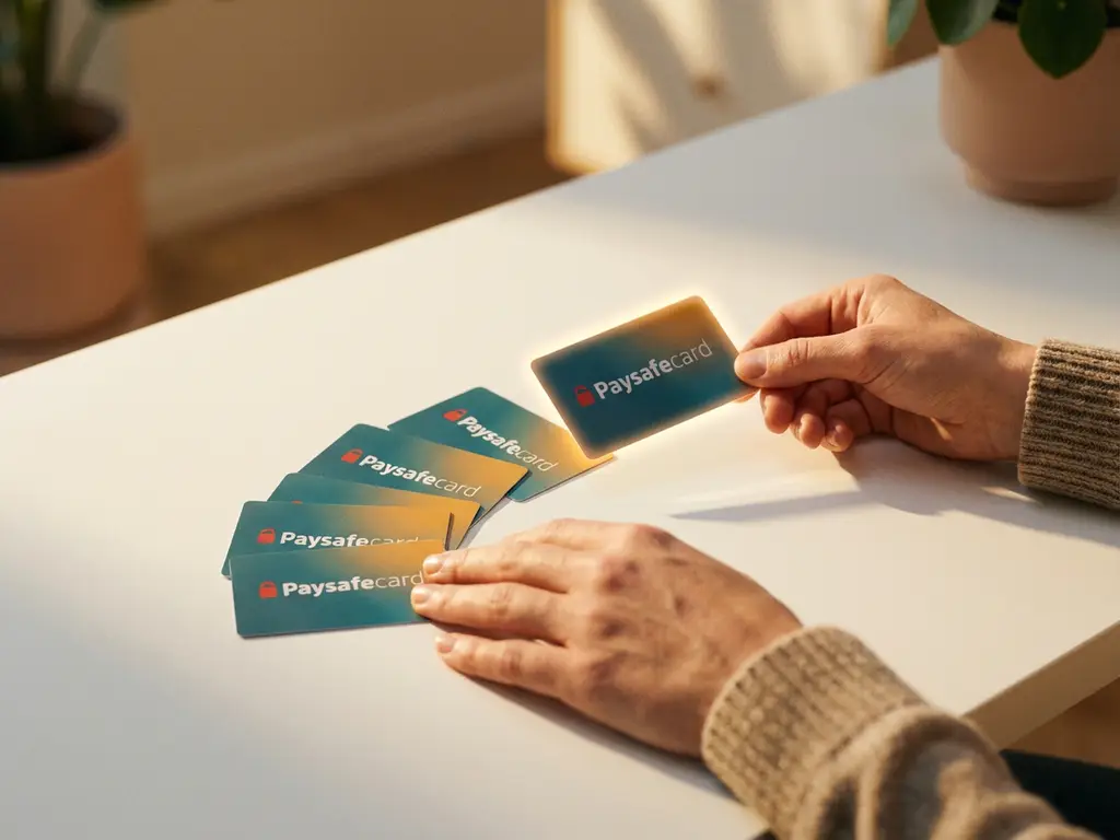 Mehrere kleine PaysafeCard-Gutscheine in Fächerform auf weißem Schreibtisch, die sich zu einer größeren Karte verwandeln