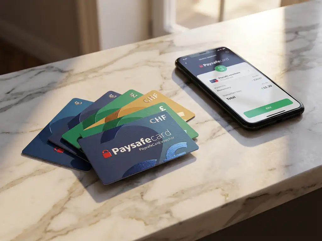 Bunte PaysafeCard-Gutscheine aus verschiedenen Ländern mit Währungssymbolen neben Smartphone auf Marmortisch