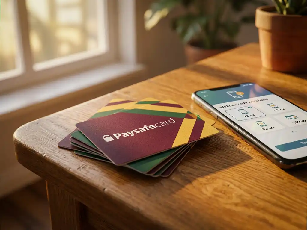 Bunte PaysafeCard-Gutscheine aufgefächert auf Holzschreibtisch neben Smartphone mit Guthaben-Kaufoptionen