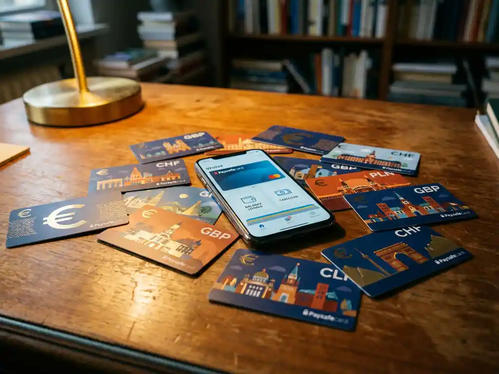 Bunte PaysafeCard-Gutscheine aus verschiedenen Ländern auf Holzschreibtisch mit Smartphone und warmem Lampenlicht