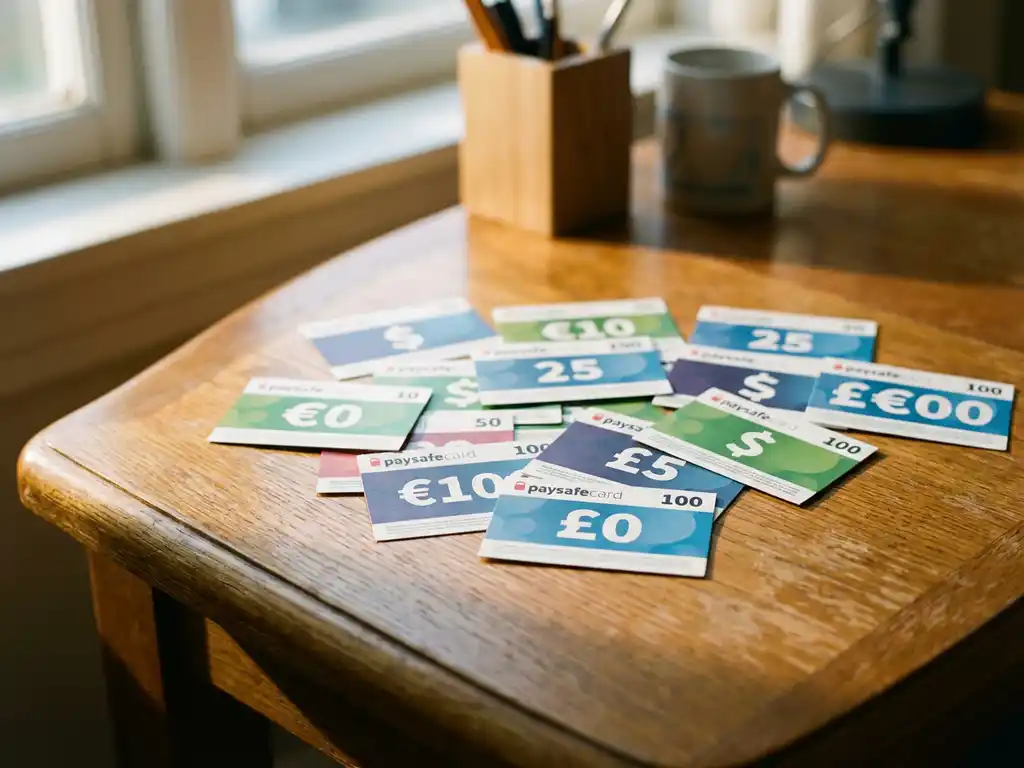 PaysafeCard-Gutscheine in verschiedenen Währungen auf Holzschreibtisch mit Euro-, Dollar- und Pfund-Karten