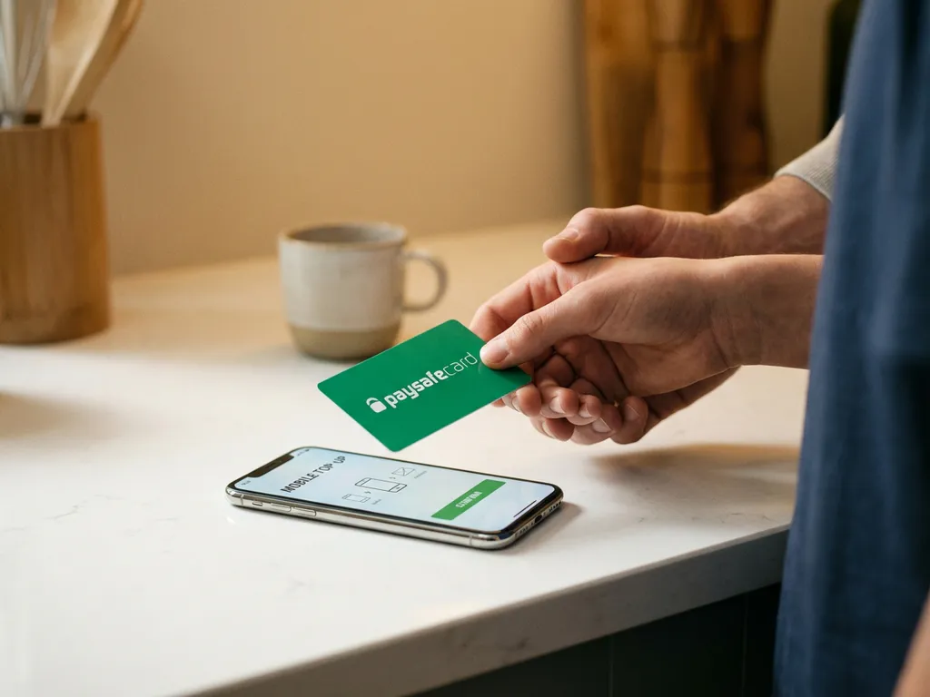 Teenager hält grüne Paysafecard über Smartphone mit Mobile-Aufladung, erwachsene Hand führt behutsam, warme Küchenbeleuchtung