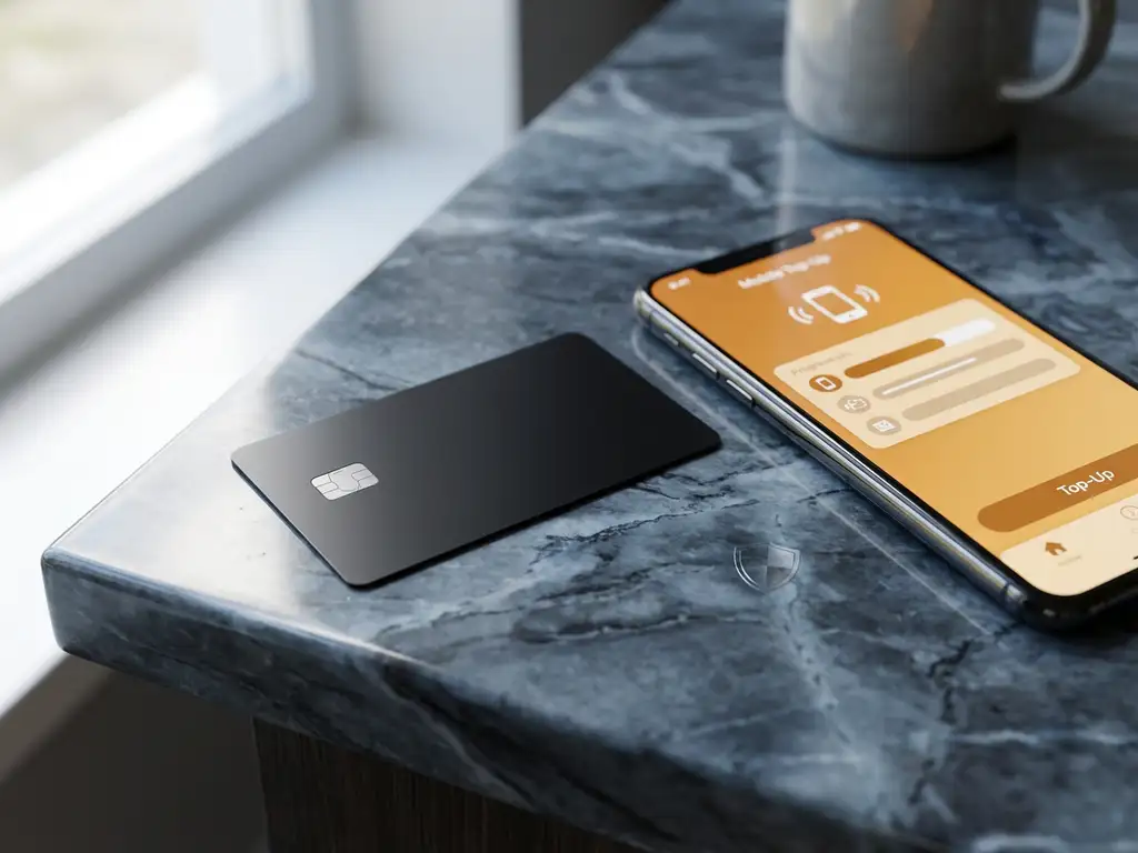 PaysafeCard auf Marmortisch neben Smartphone mit Mobile-Aufladung-Interface, warmes Bildschirmlicht und natürliche Beleuchtung