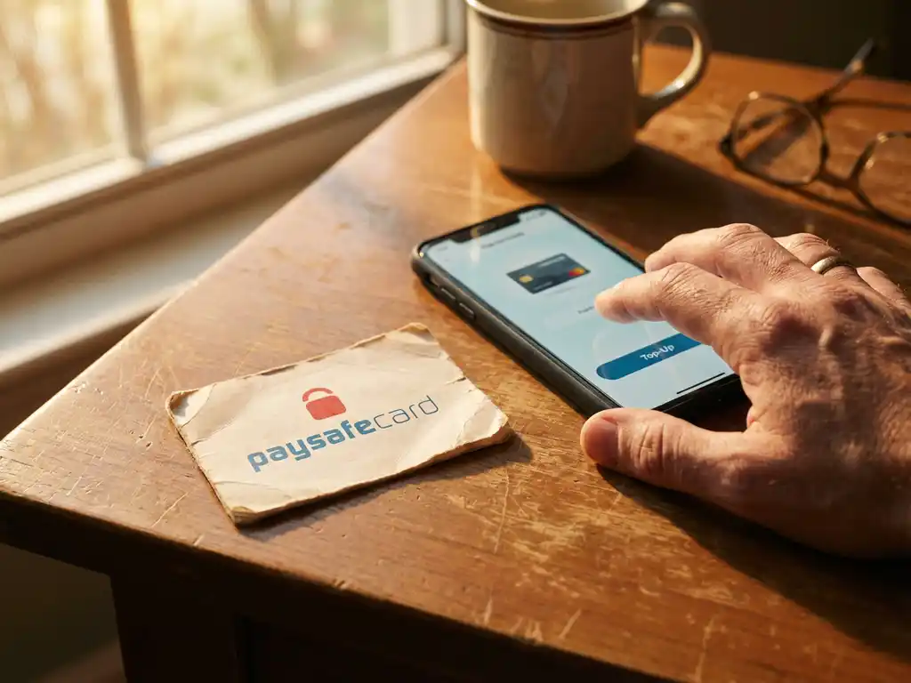 Verwitterte Paysafecard auf Holzschreibtisch neben Smartphone mit Guthaben-Aufladung Interface, warmes Sonnenlicht