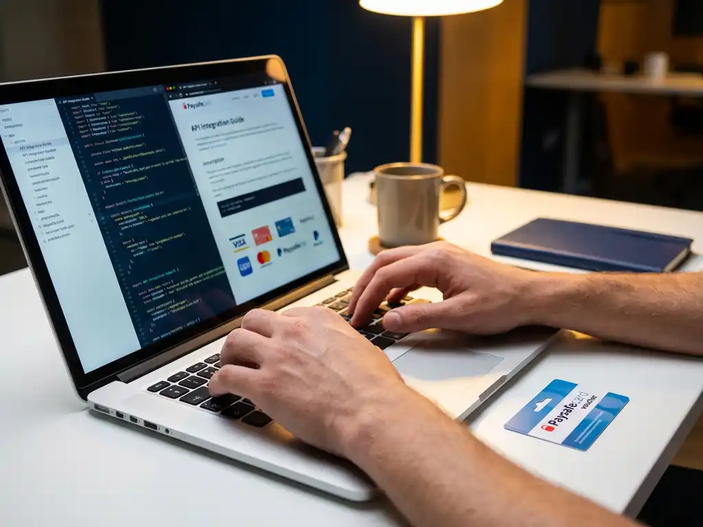 Entwickler tippt auf Laptop mit Code-Dokumentation, PaysafeCard-Gutschein neben Tastatur auf weißem Schreibtisch