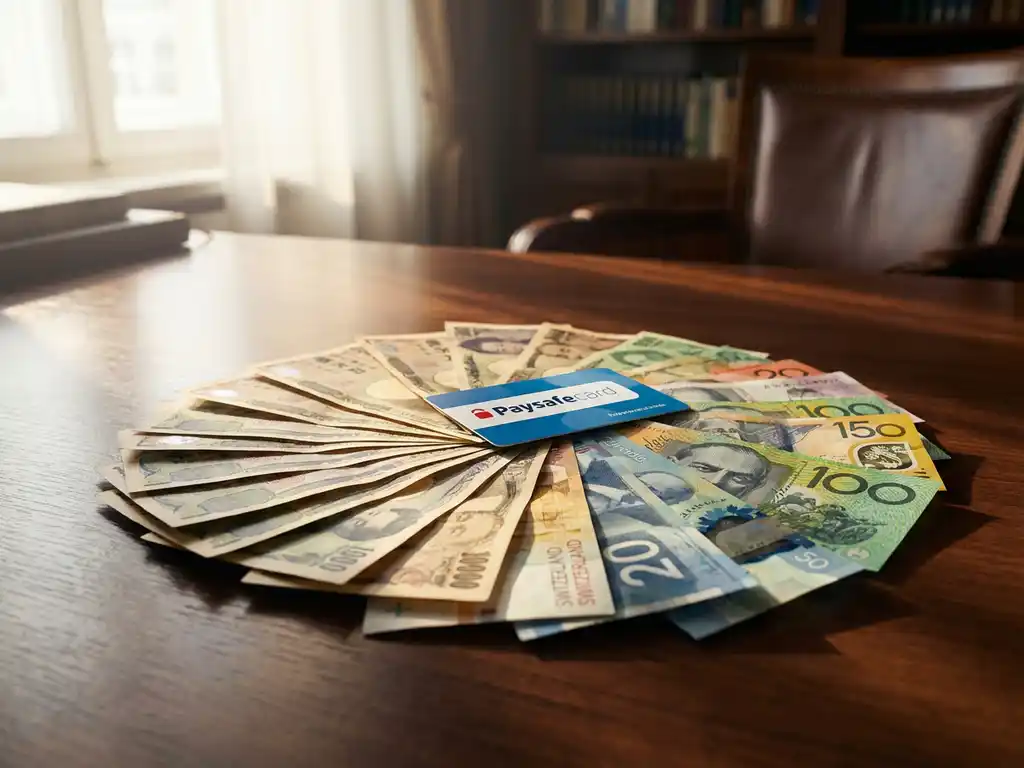 Internationale Banknoten und PaysafeCard in Fächeranordnung auf poliertem Holzschreibtisch bei warmem Tageslicht