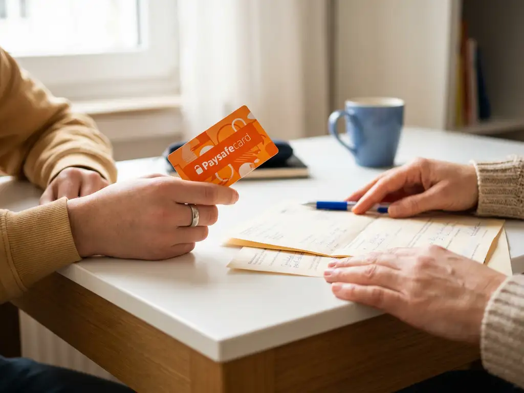 Teenager hält orange PaysafeCard über Schreibtisch während Elternteil Einverständniserklärung unterschreibt in deutschem Wohnzimmer