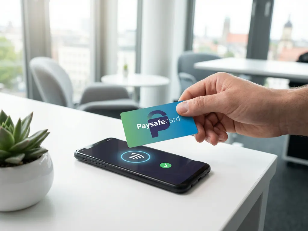 PaysafeCard mit blau-grünem Design schwebt über Smartphone mit kontaktlosem Zahlungssymbol auf weißem Schreibtisch