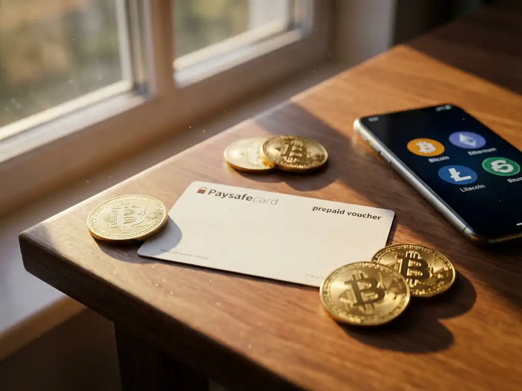 PaysafeCard Prepaid-Gutschein auf Holzschreibtisch neben Smartphone mit Kryptowährungssymbolen und goldenen Bitcoin-Münzen