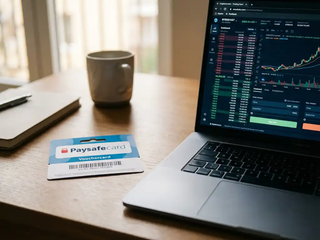 PaysafeCard-Gutschein in blau-weißem Design neben Laptop mit Kryptowährungsbörse auf modernem Schreibtisch