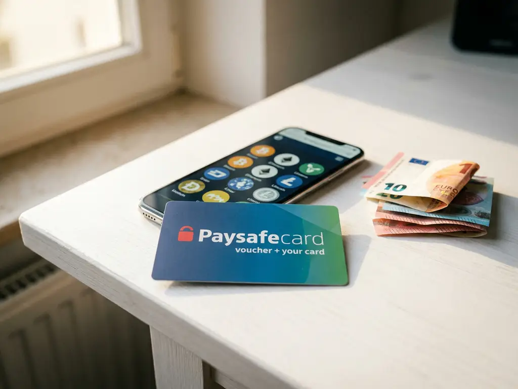 PaysafeCard-Gutschein auf Smartphone mit Kryptowährungssymbolen neben Euro-Banknoten auf weißem Schreibtisch