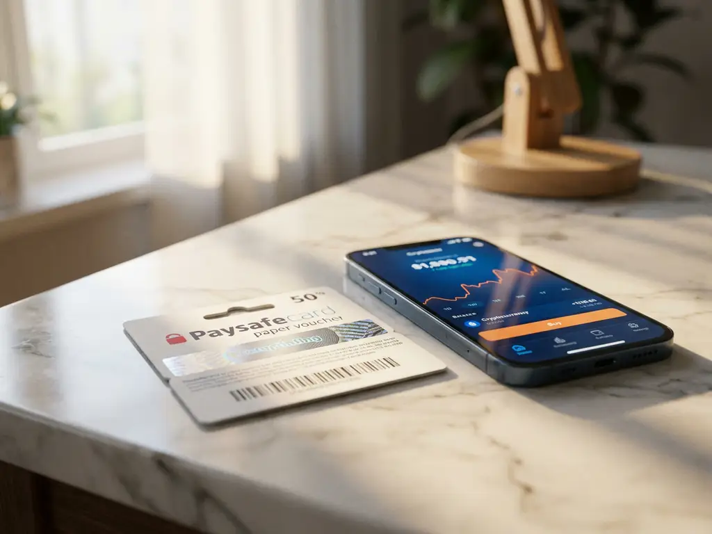 PaysafeCard-Gutschein auf Marmortisch neben Smartphone mit Kryptowährung-Wallet-Interface bei natürlichem Licht
