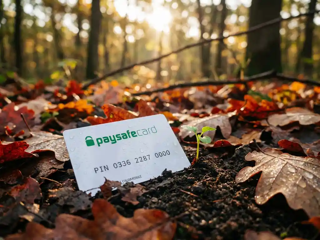 Paysafecard auf Waldboden zwischen Herbstblättern mit grünem Setzling und Morgentau im goldenen Sonnenlicht