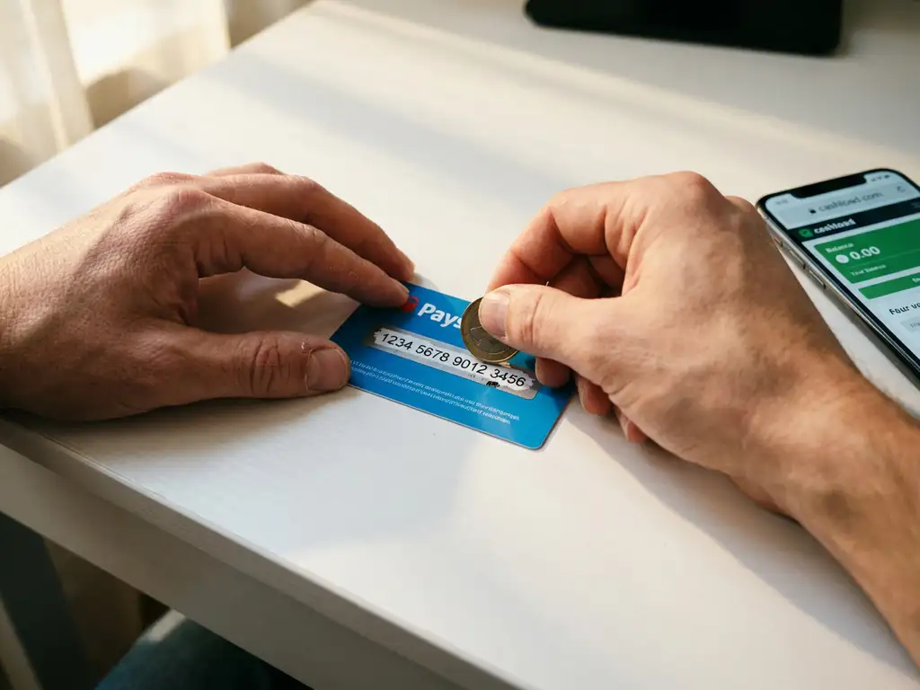 Hände kratzen silberne Beschichtung von blauer PaysafeCard ab und enthüllen PIN-Code, Smartphone mit cashload.com daneben