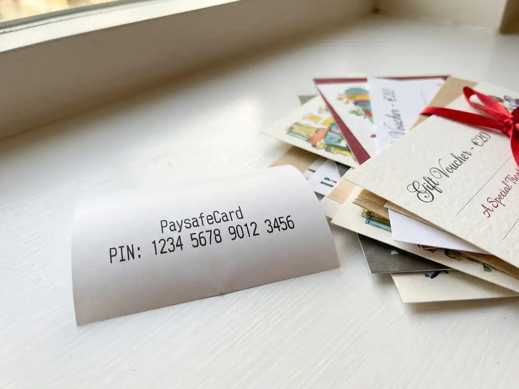 PaysafeCard PIN-Code-Quittung auf weißem Schreibtisch neben bunten Geschenkgutscheinen mit Schleifen