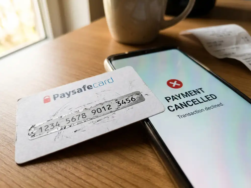 PaysafeCard mit teilweise freigerubbelter Silberschicht zeigt PIN-Code, liegt neben Smartphone mit Zahlungsabbruch-Bildschirm auf weißem Schreibtisch