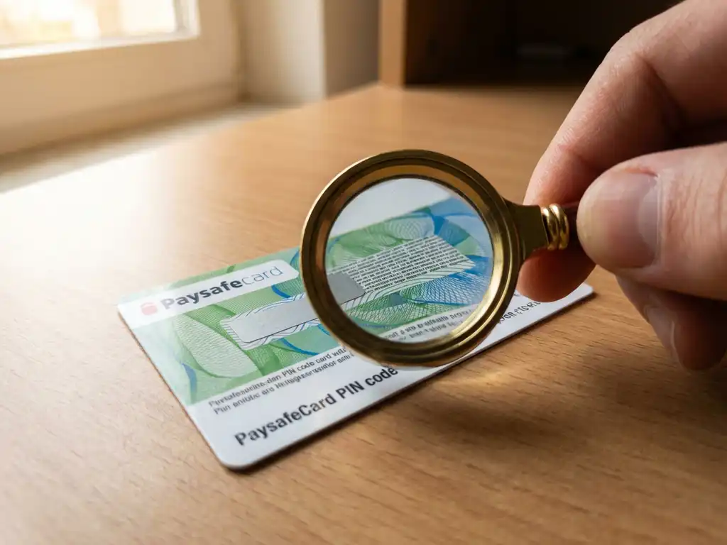 PaysafeCard PIN-Code-Karte mit grün-blauen Sicherheitsmerkmalen neben Lupe auf weißem Schreibtisch bei Tageslicht