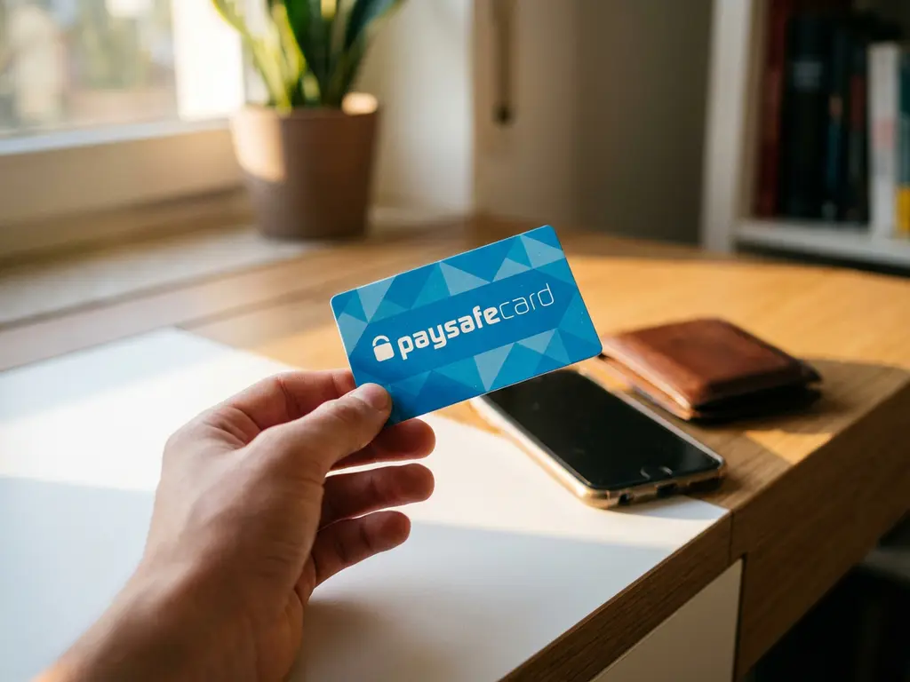 Teenager hält blaue PaysafeCard über weißem Schreibtisch mit Smartphone und Geldbörse im warmen Tageslicht