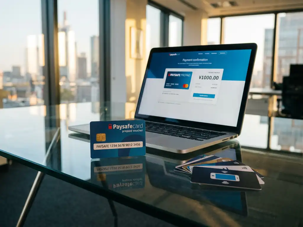 PaysafeCard-Gutschein auf Glastisch neben Laptop mit Zahlungsschnittstelle und verschiedenen Zahlungskarten im Büro
