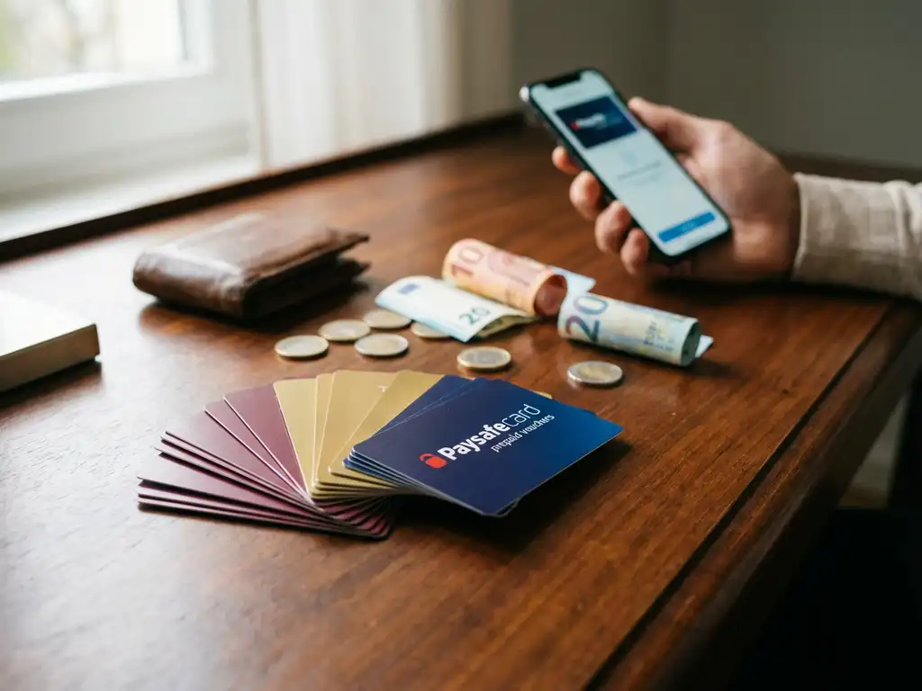 Bunte PaysafeCard Prepaid-Gutscheine gefächert auf Holzschreibtisch mit Euro-Münzen, Geldscheinen und Smartphone