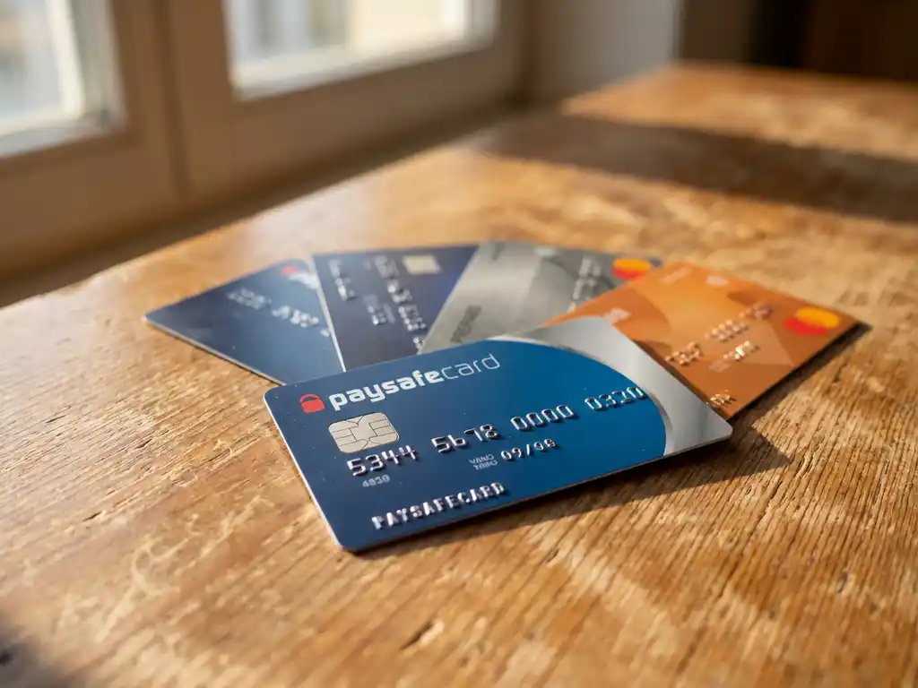 PaysafeCard im Vordergrund mit anderen Prepaid-Karten auf modernem Holzschreibtisch bei warmem Tageslicht