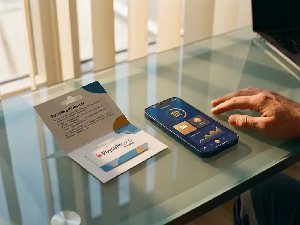 PaysafeCard Prepaid-Gutschein auf Glastisch neben Smartphone mit Banking-App, warmes Sonnenlicht durch Bürofenster