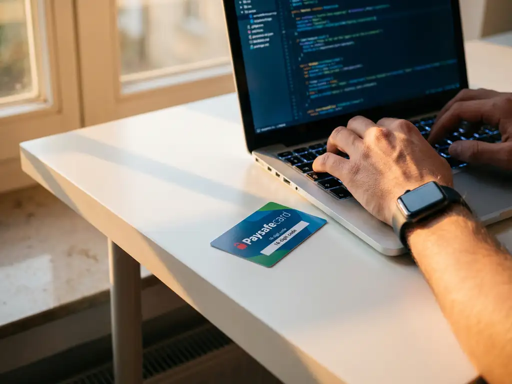 Programmierer tippt Code auf Laptop-Tastatur, PaysafeCard mit blau-grünem Design liegt daneben auf weißem Schreibtisch