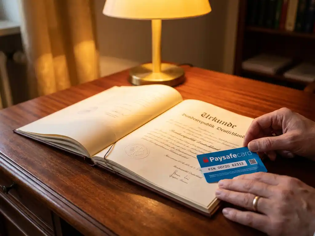 Blaue PaysafeCard liegt auf deutschen Rechtsdokumenten mit Regierungssiegeln auf Mahagoni-Schreibtisch bei warmem Lampenlicht