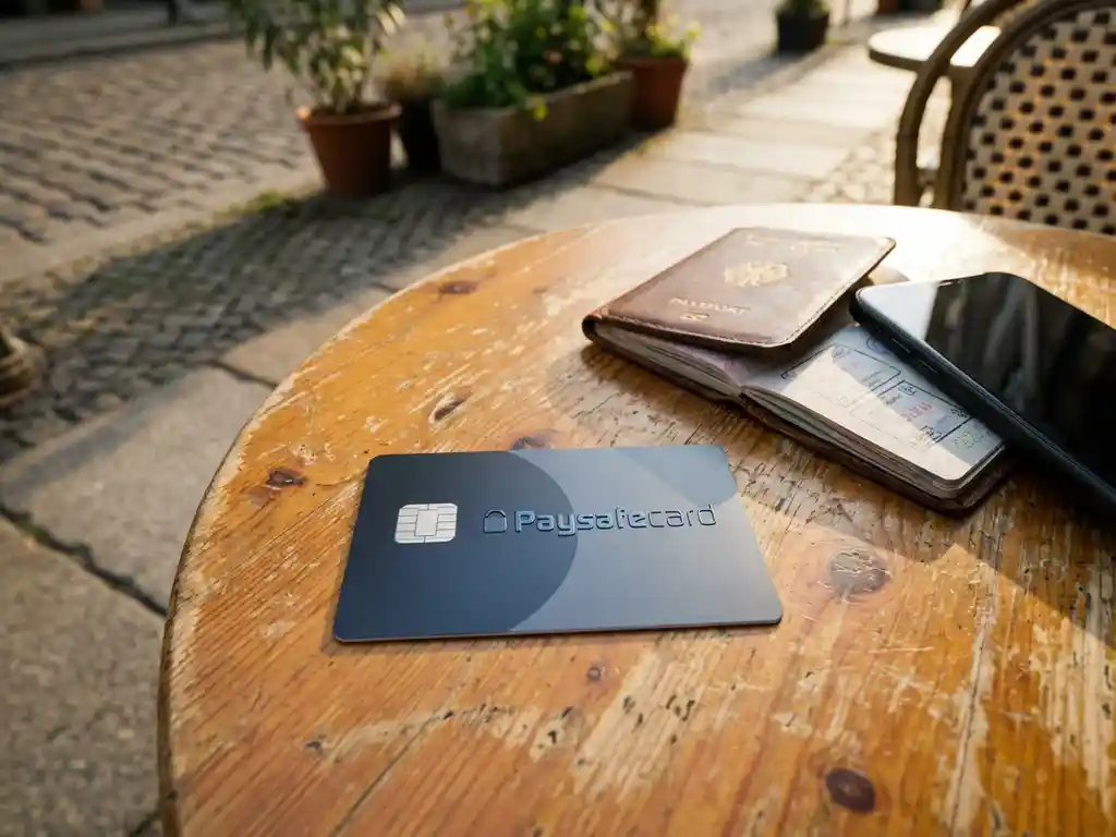 Paysafecard neben Reisepass und Smartphone auf verwittertem Holztisch eines europäischen Straßencafés