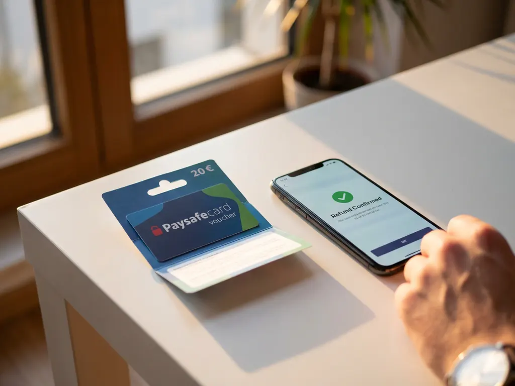 PaysafeCard-Gutschein mit blau-grünem Branding liegt neben Smartphone mit Rückerstattungsbestätigung auf weißem Schreibtisch