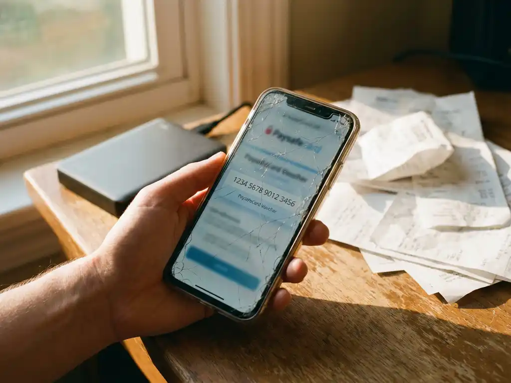 Gesprungenes Smartphone-Display zeigt PaysafeCard-Gutscheincode neben externer Festplatte und Finanzdokumenten auf Holzschreibtisch