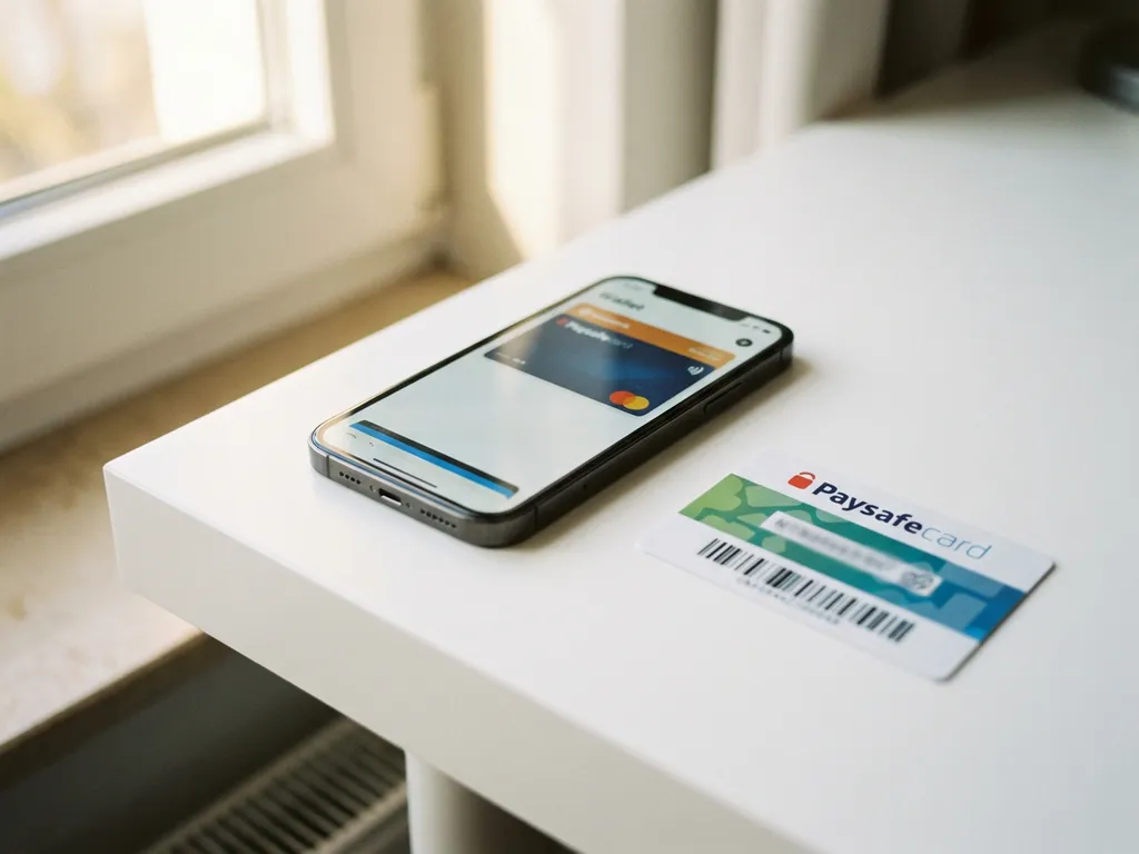 Smartphone mit digitaler Geldbörse-App neben PaysafeCard-Gutschein auf weißem Schreibtisch bei natürlichem Licht