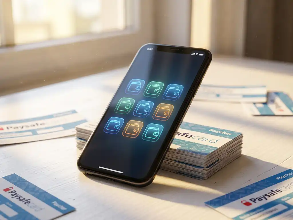 Smartphone mit bunten Digital-Wallet-Apps umgeben von PaysafeCard-Gutscheinen auf weißem Schreibtisch