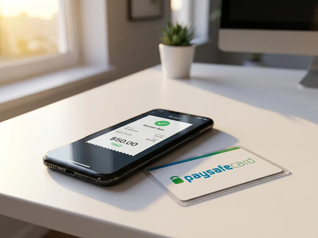 Schwarzes Smartphone mit Zahlungsbestätigung und Paysafecard auf weißem Schreibtisch bei natürlichem Licht