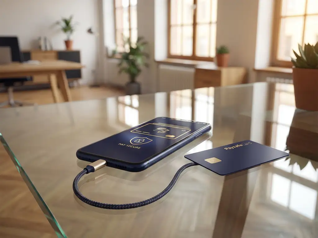 Smartphone mit digitaler Zahlungsschnittstelle und physischer PaysafeCard auf Glasschreibtisch in modernem Büro