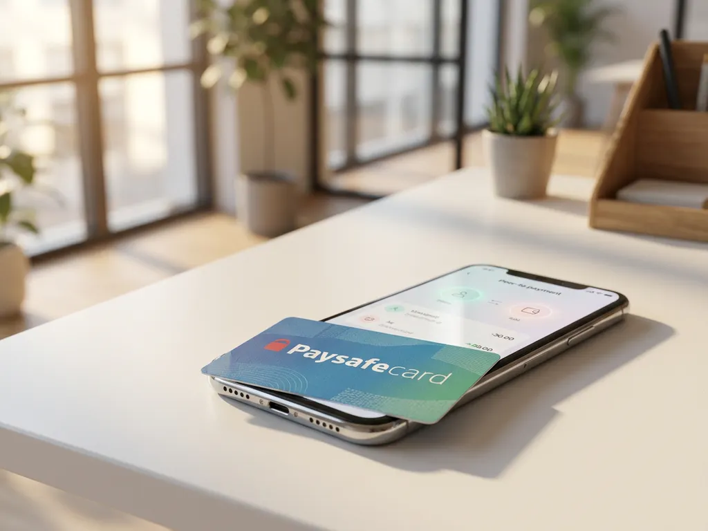 PaysafeCard-Gutschein auf Smartphone mit P2P-Zahlungs-App auf weißem Schreibtisch im deutschen Büro