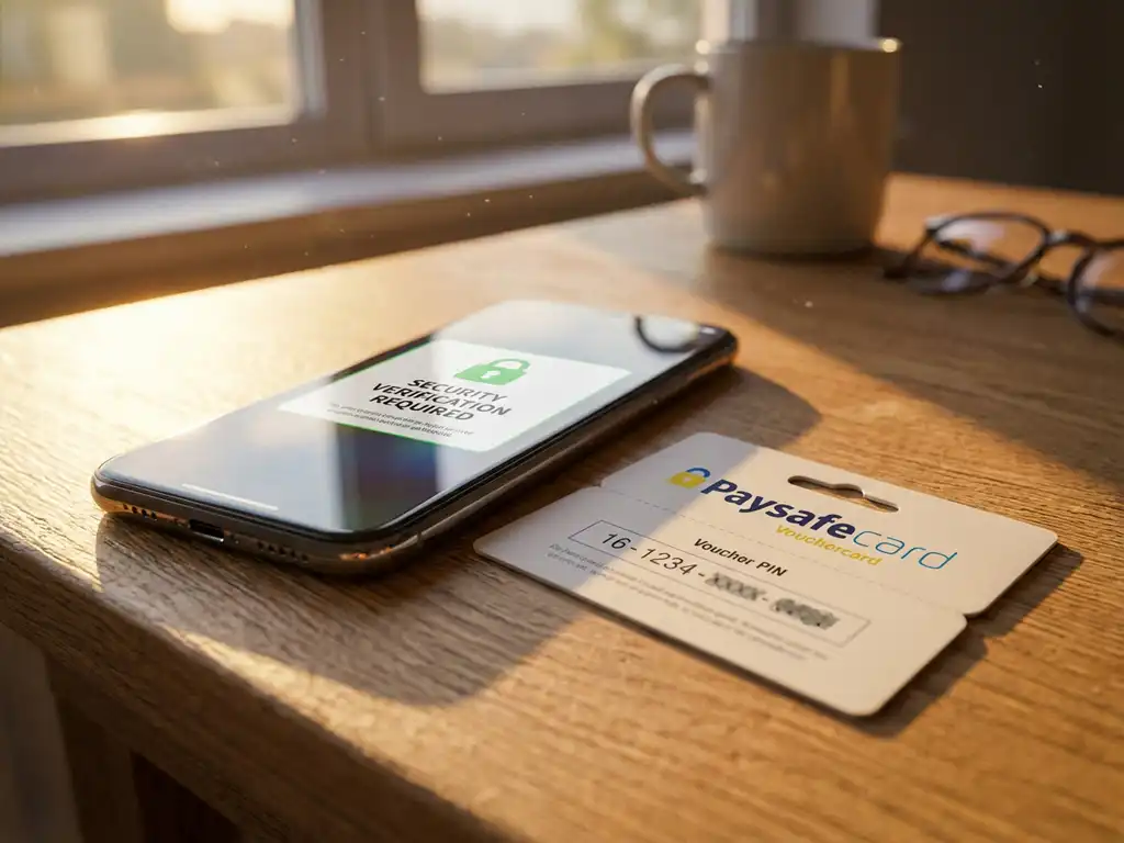 Smartphone mit Sicherheitsverifizierung neben PaysafeCard-Gutschein auf Holzschreibtisch bei warmem Tageslicht
