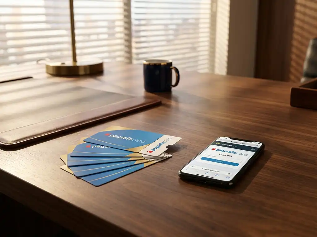 Paysafecard-Gutscheine aufgefächert auf dunklem Holzschreibtisch mit Smartphone und cashload.com-Interface im warmen Bürolicht