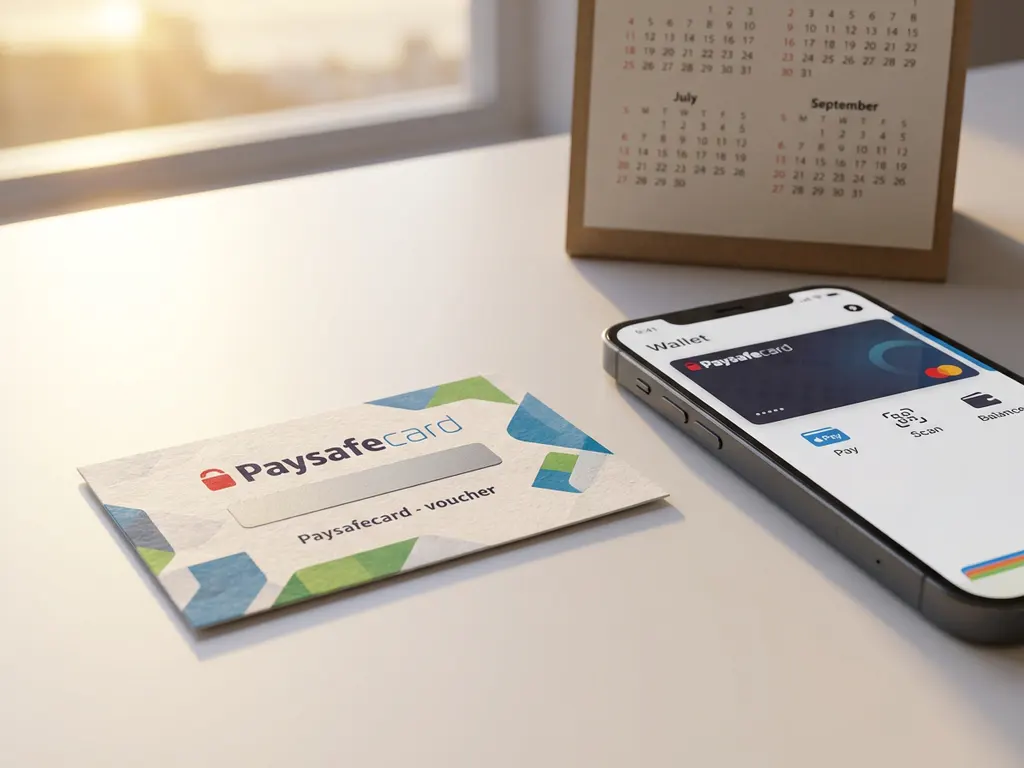 PaysafeCard-Gutschein auf weißem Schreibtisch neben Smartphone mit Mobile-Payment-App, Kalender im Hintergrund
