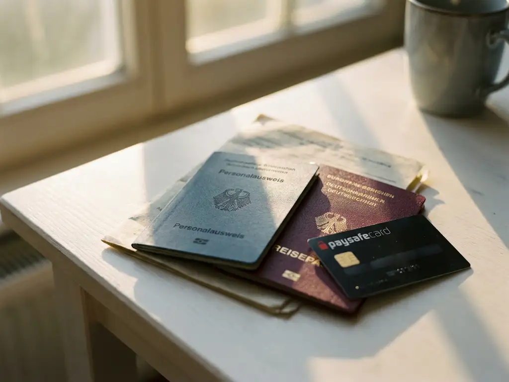 Deutsche Ausweisdokumente Personalausweis und Reisepass neben schwarzer PaysafeCard auf weißem Schreibtisch bei Tageslicht